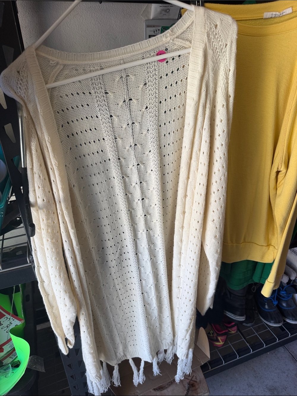 Cream Open-Front Fringe Knit Cardigan Sweater